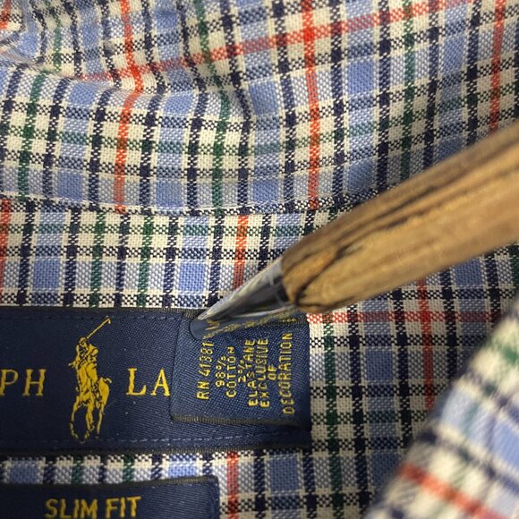 Ralph Lauren Shirt Men's XL Slim Fit Stretch Oxford Blue Red Plaid Flesh Pony - Picture 5 of 11